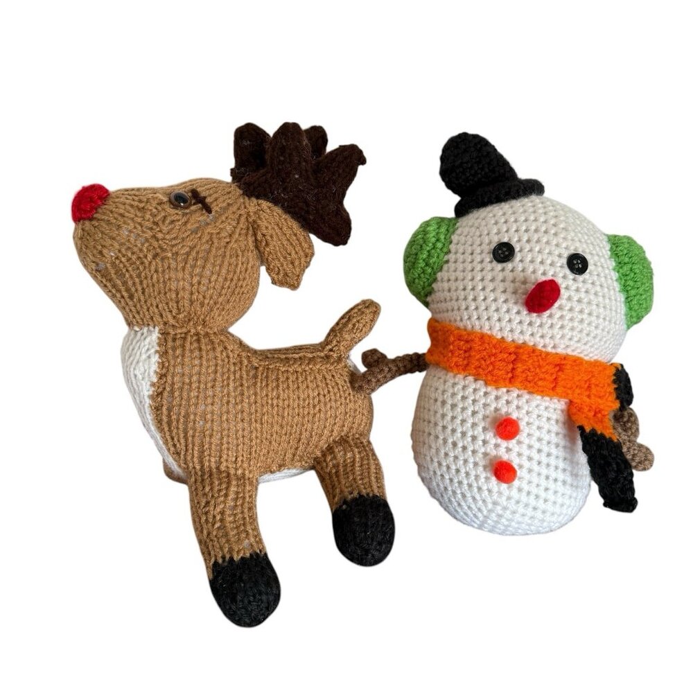 Handmade Knit Rudolph Reindeer Snowman Plush Christmas Figures Retro Decor SOFT